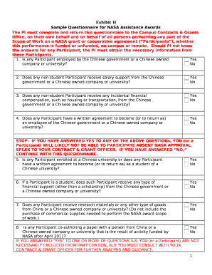 Sample Questionnaire for NASA Assistance Awards