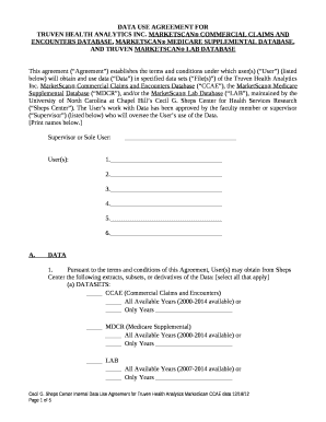 This agreement (Agreement) establishes the terms and conditions under which user(s) (User) (listed below) will obtain and use data (Data) in specified data sets (File(s)) of the Truven Health Analytics Inc