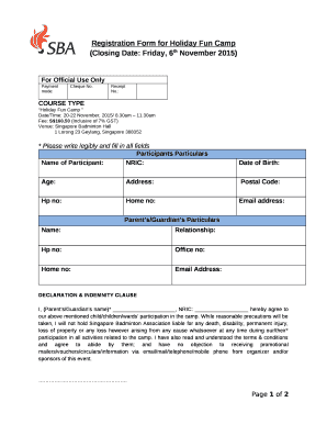 Registration Form for Holiday Fun Camp