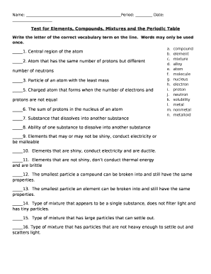 Test for Elements, Compounds, Mixtures and the Periodic Table