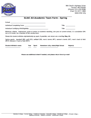 SLIAC All-Academic Team Form - Spring