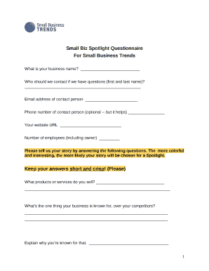 Small Biz Spotlight Questionnaire template
