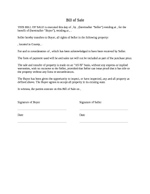 THIS BILL OF SALE is executed thisday of, by , (hereinafter "Seller") residing at , for the benefit of (hereinafter "Buyer"), residing at ,