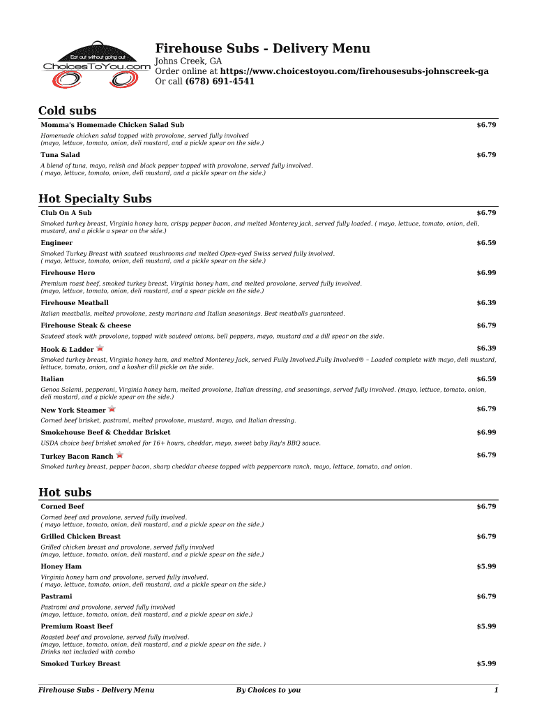 Fillable Online Firehouse Subs - Delivery Menu Fax Email Print - pdfFiller