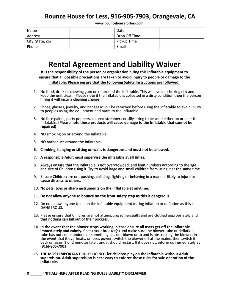 Bounce House for Less Rental Agreement and Liability Waiver - Fill Throughout bounce house rental agreement template