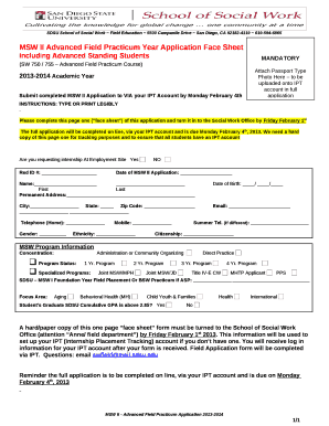 MSW II Advanced Field Practicum Year Application Face Sheet