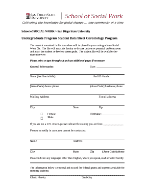 Undergraduate Program Student Data Sheet Gerontology Program