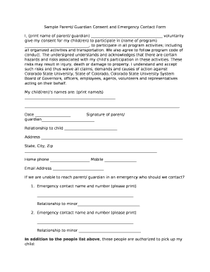 Sample Parent/ Guardian Consent and Emergency Contact Form