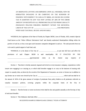 AN ORDINANCE LEVYING AND IMPOSING UPON ALL INSURERS, NOW OR HEREAFTER ENGAGING IN OR CARRYING ON THE BUSINESS OF INSURING WITH RESPECT TO CASUALTY RISKS, AN EXCISE OR LICENSE TAX IN ADDITION TO ANY TAX NOW LEVIED, OF