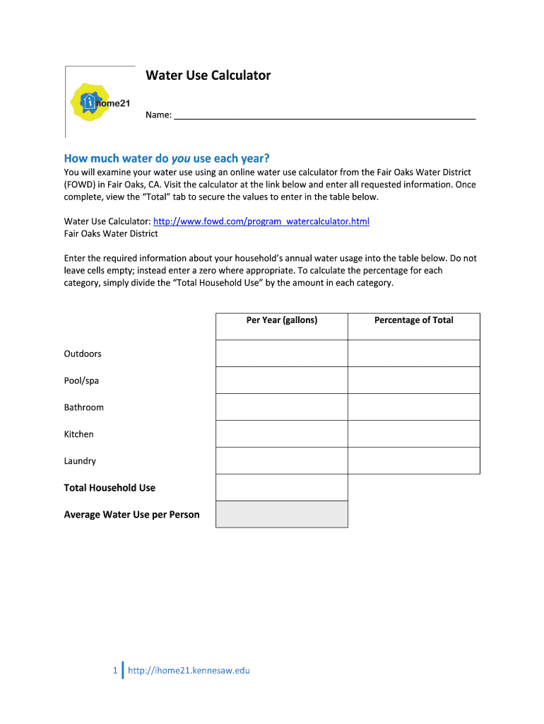 Fillable Online Water Use Calculator Fax Email Print pdfFiller