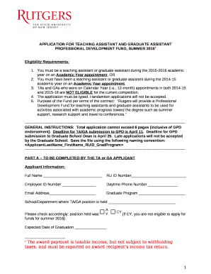 APPLICATION FOR TEACHING ASSISTANT AND GRADUATE ASSISTANT PROFESSIONAL DEVELOPMENT FUND, SUMMER 20161