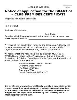 Notice of application for the GRANT of a CLUB PREMISES CERTIFICATE