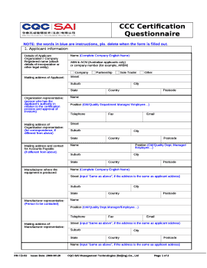 CCC Certification Questionnaire