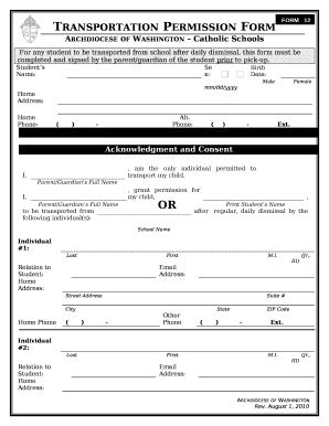 For any student to be transported from school after daily dismissal, this form must be completed and signed by the parent/guardian of the student prior to pick-up