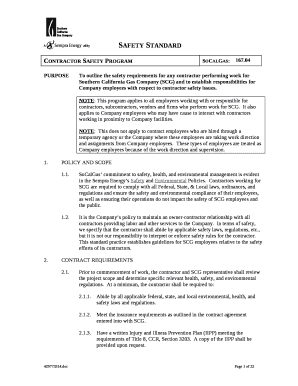 PURPOSETo outline the safety requirements for any contractor performing work for Southern California Gas Company (SCG) and to establish responsibilities for Company employees with respect to contractor safety issues