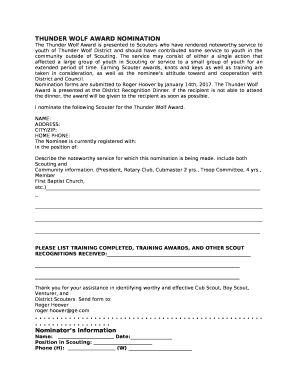 THUNDER WOLF AWARD NOMINATION