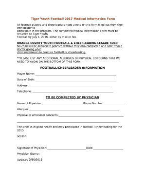 Tiger Youth Football 2017 Medical Information Form