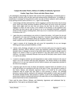 Campus Recreation Waiver, Release of Liability & Indemnity Agreement