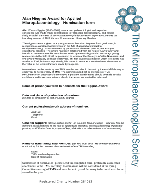 Alan Higgins Award for Applied Micropalaeontology - Nomination form