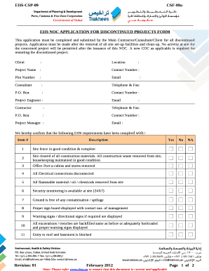 EHS NOC APPLICATION FOR DISCONTINUED PROJECTS FORM