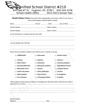 Health History Form (This will be filed confidentially in the Nurses office for the Nurse to review and Emergency Medical Staff if needed)