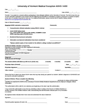 University of Vermont Medical Exception ADHD / ADD