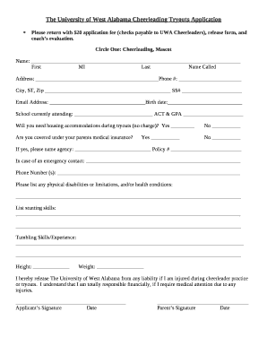 The University of West Alabama Cheerleading Tryouts Application