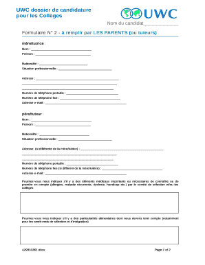 Formulaire N 2 - remplir par LES PARENTS (ou tuteurs)