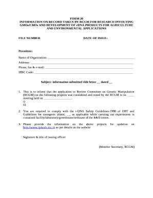 INFORMATION ON RECORD TAKEN BY RCGM FOR RESEARCH INVOLVING GMOs/LMOs AND DEVELOPMENT OF rDNA PRODUCTS FOR AGRICULTURE AND ENVIRONMENTAL APPLICATIONS