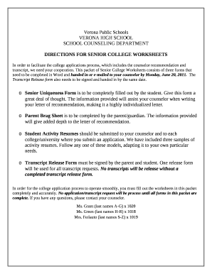 DIRECTIONS FOR SENIOR COLLEGE WORKSHEETS