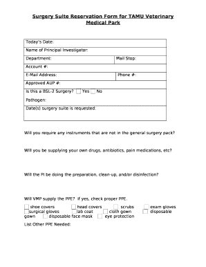 Surgery Suite Reservation Form for TAMU Veterinary Medical Park