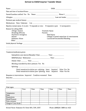 School to EMS/Hospital Transfer Sheet