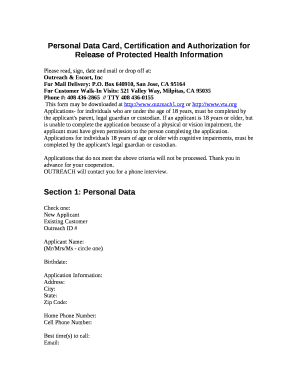 Personal Data Card, Certification and Authorization for Release of Protected Health Information
