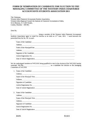 FORM OF NOMINATION OF CANDIDATE FOR ELECTION TO THE MANAGING COMMITTEE OF THE WESTERN INDIA CHARTERED ACCOUNTANTS STUDENTS ASSOCIATION 2011