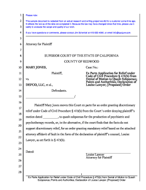 Ex Parte Application for relief from subpoena - Quo Jure Corporation