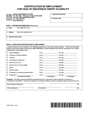 Virginia Retirement System Certification of Employment for Health Insurance Credit