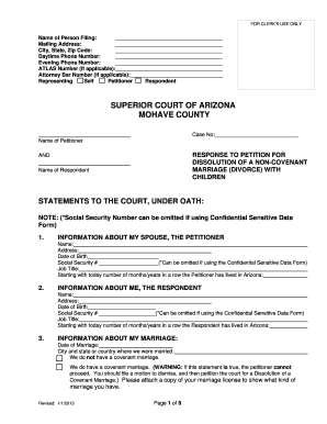 Arizona Response to Petition for Dissolution of Non-Covenant Marriage with Children