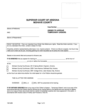 Arizona Order to Appear and Temporary Orders