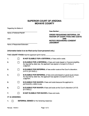 Arizona Court Fee Deferral Waiver Order