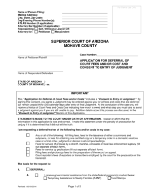 Arizona Application for Deferral of Court Fees and Costs