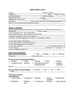Health History Form for Massage Therapy