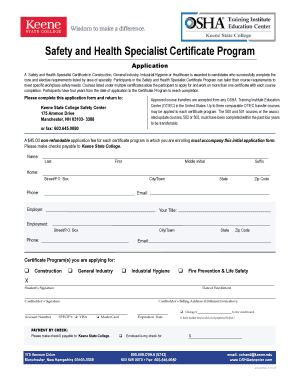 Safety and Health Specialist Certificate Program Application