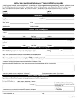 Disaster Economic Injury Worksheet for Businesses