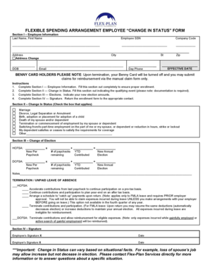 Flexible Spending Arrangement Employee Change in Status Form