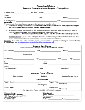 Schoolcraft College Personal Data & Academic Program Change Form