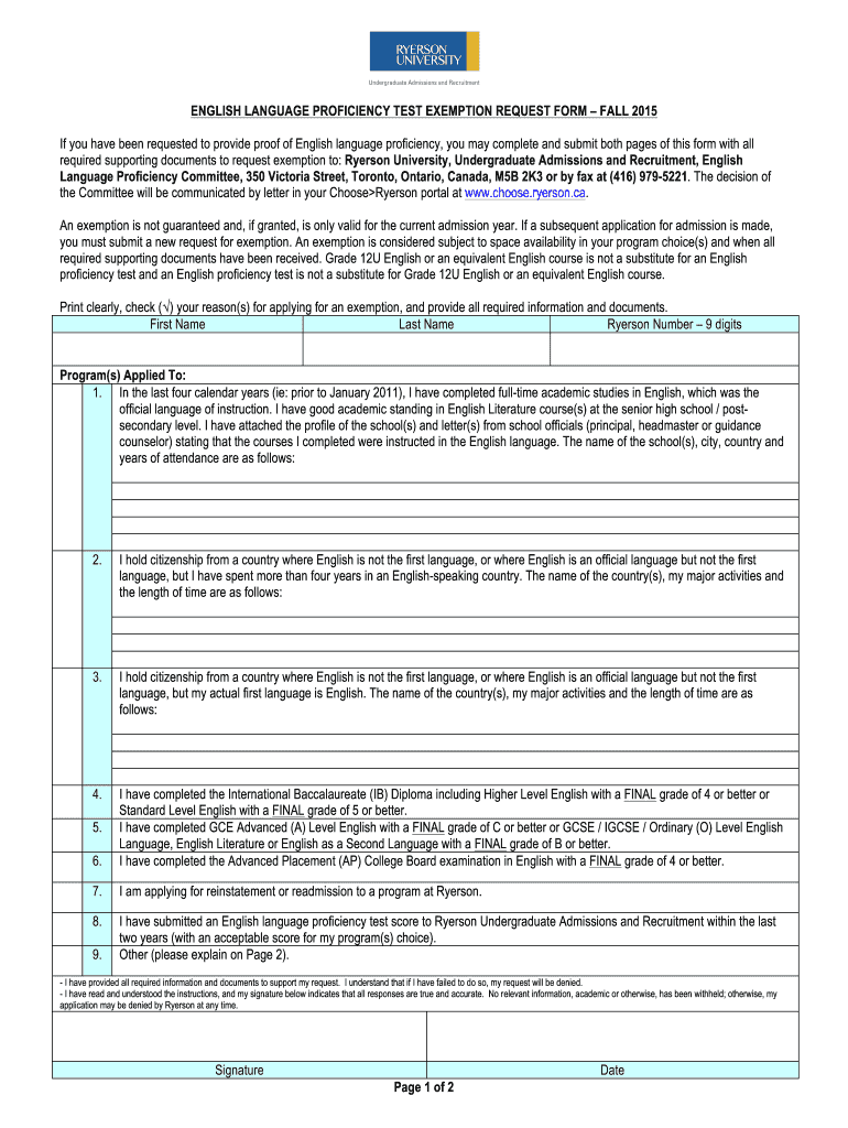 english language test exemption request form Preview on Page 1.