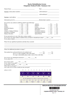 Baylor Rehabilitation System Outpatient Medical Profile