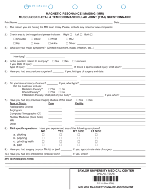 MRI Musculoskeletal and TMJ Questionnaire