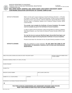 Missouri Bail Bond Agent Continuing Education Certificate