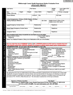 Hillsborough County Health Department Shelter Evaluation Form